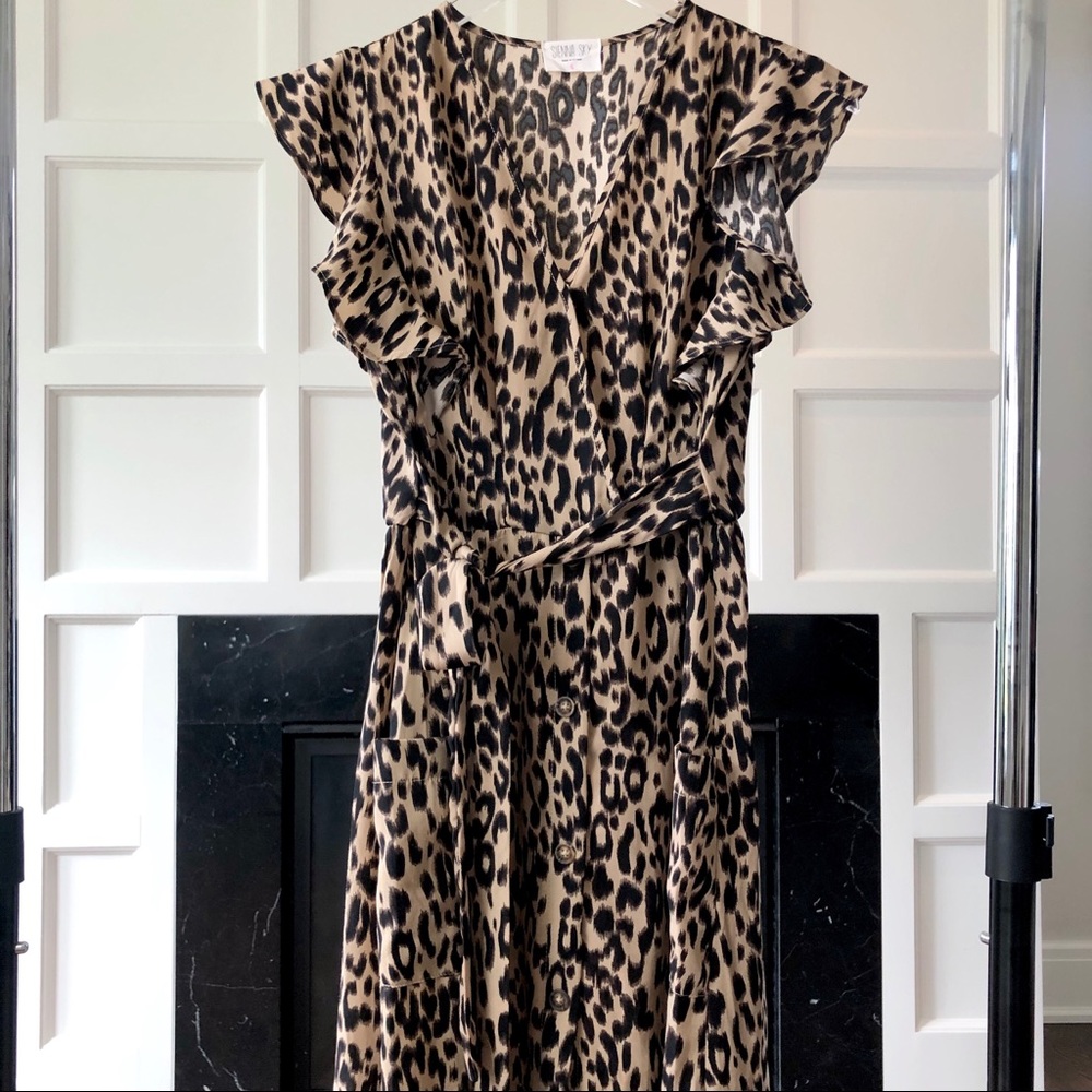 Sienna Sky Dress Ruffle Shoulder Leopard Midi S - Picture 8 of 12